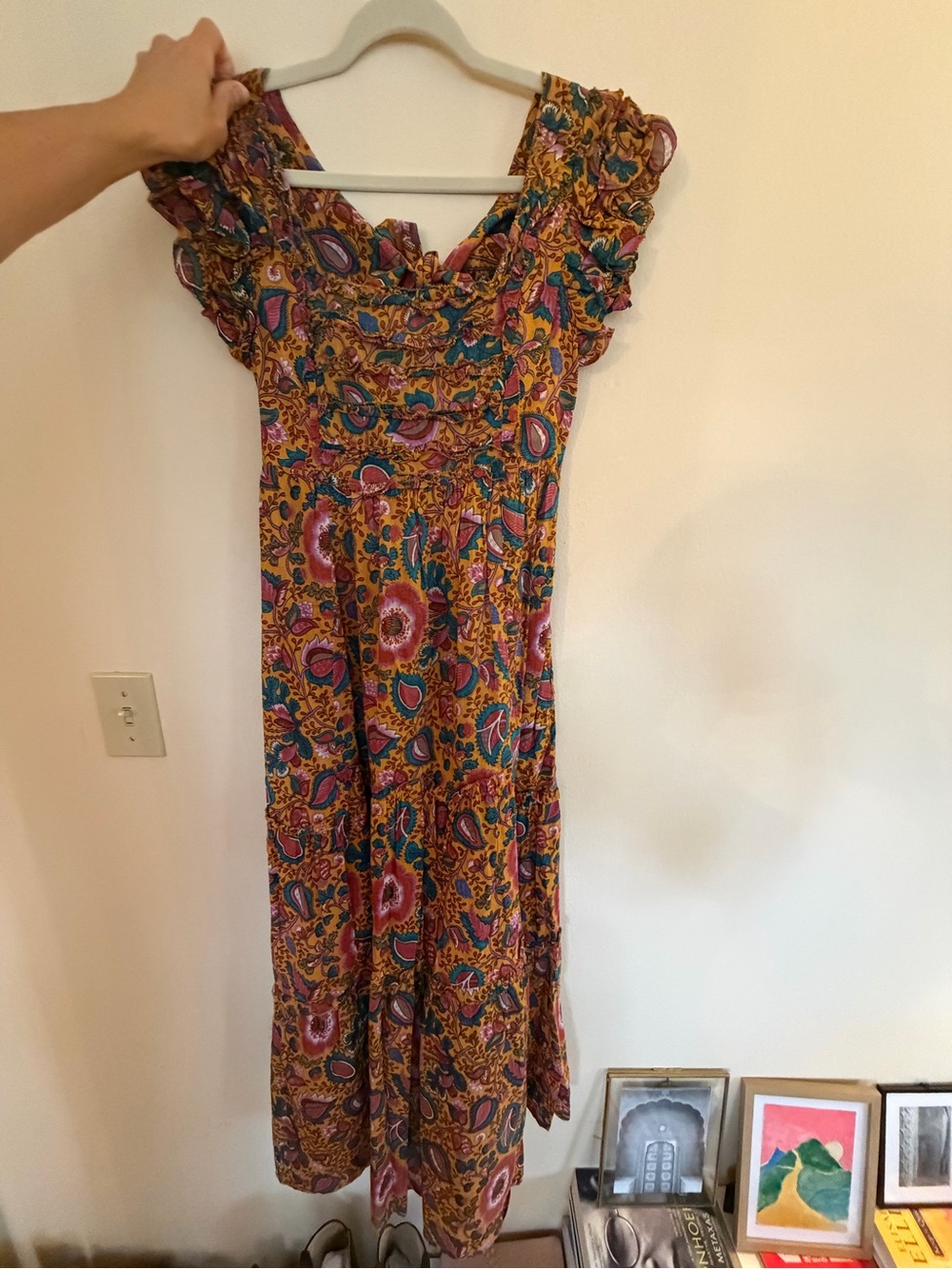 Bohemian Floral Ruffle Midi Dress - Mustard Multi